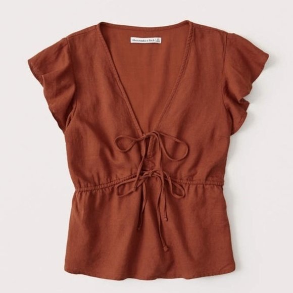 Abercrombie & Fitch Tops - Abercrombie Rust Linen-Blend Tie-Front Flutter Sleeve Top, size Medium